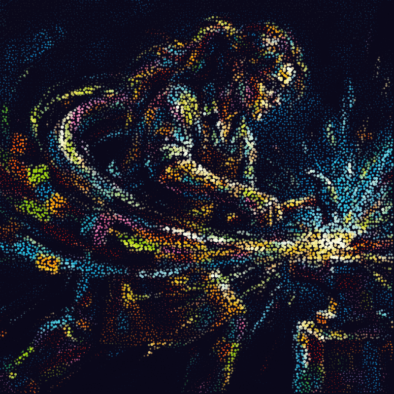 Dot image of a craftsperson swinging a hammer, sparks scattering into ribbons of color against a deep blue ground